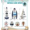 imageCoTa Global Blue Stripes Nautical Collection  Blue Stripes Boat Beach Frame Wooden Lighthouse Decoration with Hanging Fish and Model Sailboat Decor  3 Pieces