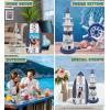 imageCoTa Global Blue Stripes Nautical Collection  Blue Stripes Boat Beach Frame Wooden Lighthouse Decoration with Hanging Fish and Model Sailboat Decor  3 Pieces