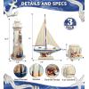 imageCoTa Global Cool Blue Nautical Collection  White Wooden Lighthouse Decor Cool Blue Model Sailboat Figure and Nautical Wooden Coaster and Holder Set Decorative Beach Style Tabletop Decor  3 Pieces