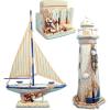 imageCoTa Global Cool Blue Nautical Collection  White Wooden Lighthouse Decor Cool Blue Model Sailboat Figure and Nautical Wooden Coaster and Holder Set Decorative Beach Style Tabletop Decor  3 Pieces