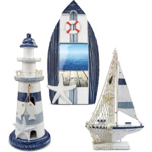 imageCoTa Global Blue Stripes Nautical Collection  Blue Stripes Boat Beach Frame Wooden Lighthouse Decoration with Hanging Fish and Model Sailboat Decor  3 Pieces