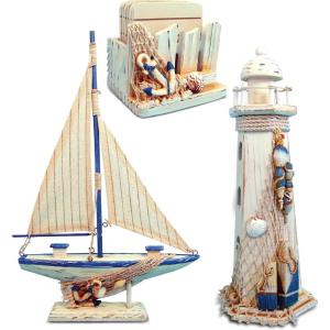 imageCoTa Global Cool Blue Nautical Collection  White Wooden Lighthouse Decor Cool Blue Model Sailboat Figure and Nautical Wooden Coaster and Holder Set Decorative Beach Style Tabletop Decor  3 Pieces
