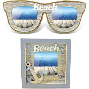imageCoTa Global Vintage Nautical Collection  Vintage Beach Sunglass Double Photo Frame and Vintage Beach Frame with Anchor Handcrafted Nautical Photo Frames for Tabletop Display Memories  2 Pieces
