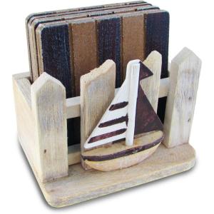 imagePuzzled Brown Wood Sailboat ampamp Wood Planks Coasters with Holder  45 x 4 H Includes 6 Coasters Protects Furniture Bar Kitchen Tabletop Accessories  Nautical Beach Anchors Home Dcor 7pc Set