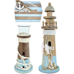 imageCoTa Global Evian Nautical Collection  Wooden Jewelry Box Lighthouse Decoration Figure and Tealight Candle Holder Decorative Beach Style Table Top Centerpiece Coastal Decor Set for Home  3 Pieces