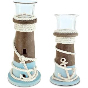 imageCoTa Global Evian Wooden Nautical Candle Holders  Table Top Centerpiece Coastal Decor for Home Beach House Rustic Decorative Lanterns with Boat Anchor Figure  Handmade Color May Vary  2 Pieces