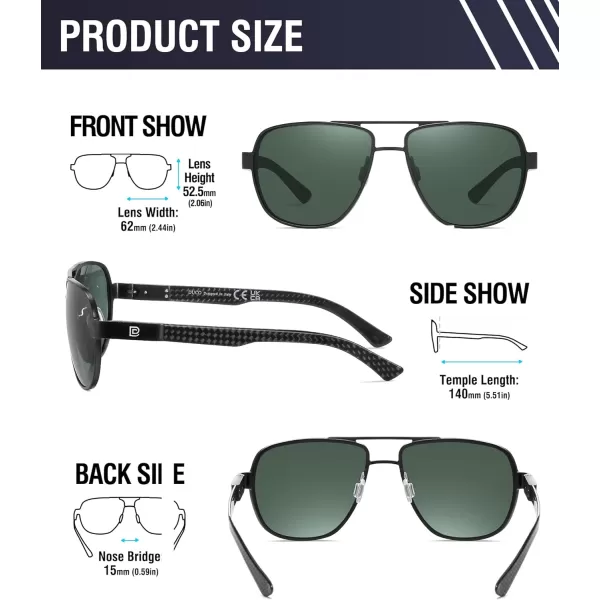 DUCO Aviator Sunglasses For Men Polarized Sunglasses Men UV Protection Carbon Fiber Temple Mens Sun glasses For Driving 3051Black Frame G15 Green Lens
