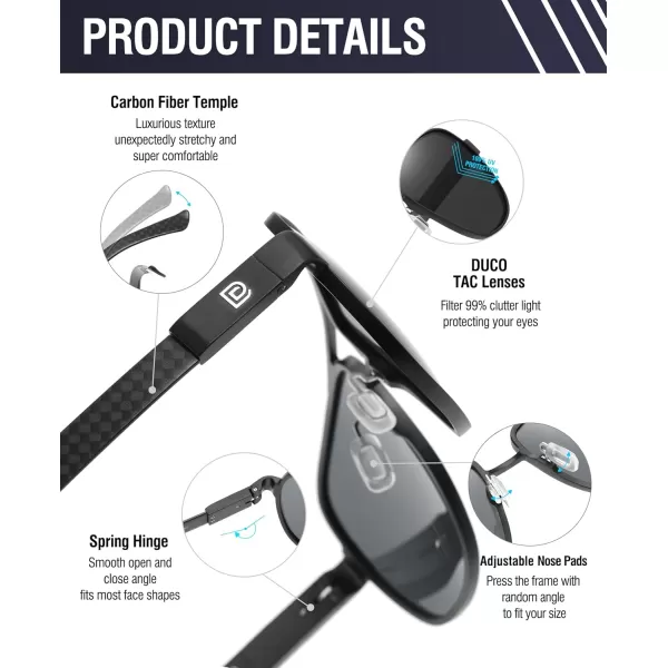 DUCO Aviator Sunglasses For Men Polarized Sunglasses Men UV Protection Carbon Fiber Temple Mens Sun glasses For Driving 3051Black Frame Grey Lens