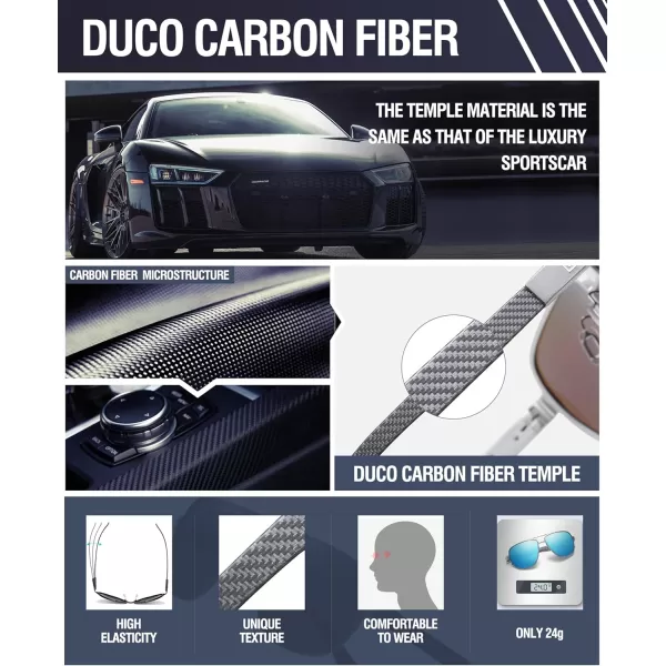 DUCO Aviator Sunglasses For Men Polarized Sunglasses Men UV Protection Carbon Fiber Temple Mens Sun glasses For Driving 3051Silver Frame Revo Blue Lens