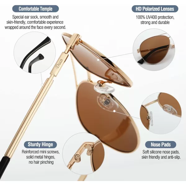 DUCO Aviator Sunglasses for Men Women Vintage Polarized Sun Glasses Mirrored Lens Metal Frame Designer Shades 3025KGold Frame Brown Lens