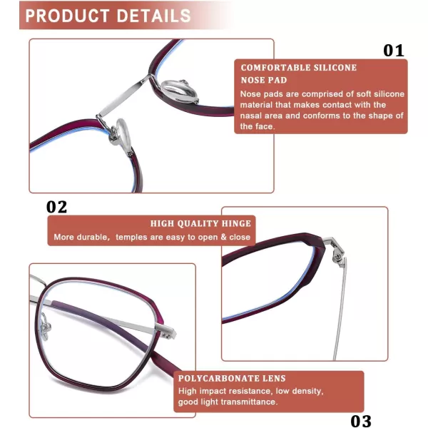 DUCO Blue Light Glasses For Women Computer Glasses Blue Ray Blocking Glasses For Men Womens Fashion Eyeglasses W014W015purple Silver