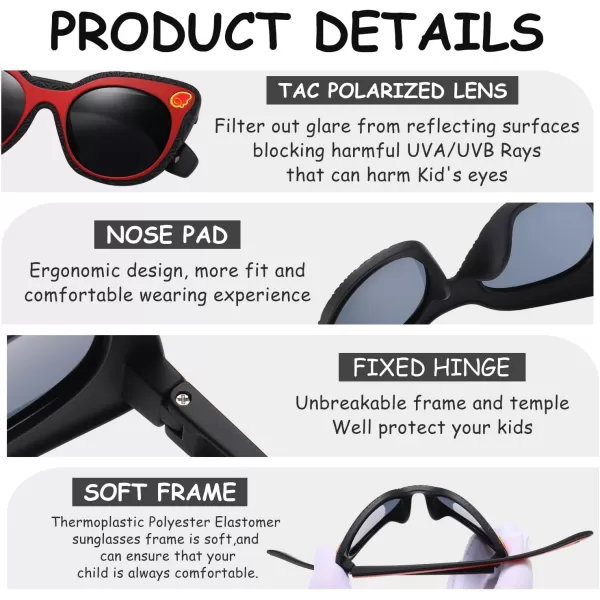 DUCO Cute Polarized Kids Sunglasses for Girls Boys Flexible Children Shades UV Protection Age 610 K018Black Red