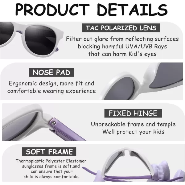 DUCO Cute Polarized Kids Sunglasses for Girls Boys Flexible Children Shades UV Protection Age 610 K018White Frame Purple Temple