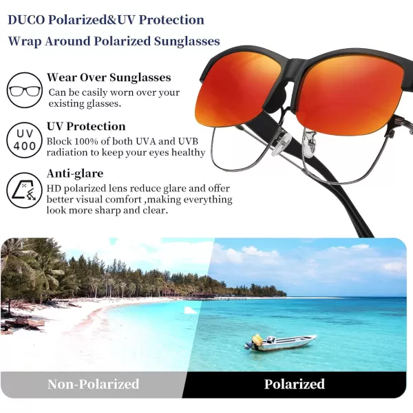 DUCO Fit Over Glasses Unisex Wraparound Glasses Fashion Rimless Wear Over Glasses Polarized Sunglasses for Men and Women 8960Matte Black Frame Revo Red Lens