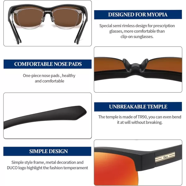 DUCO Fit Over Glasses Unisex Wraparound Glasses Fashion Rimless Wear Over Glasses Polarized Sunglasses for Men and Women 8960Matte Black Frame Revo Red Lens