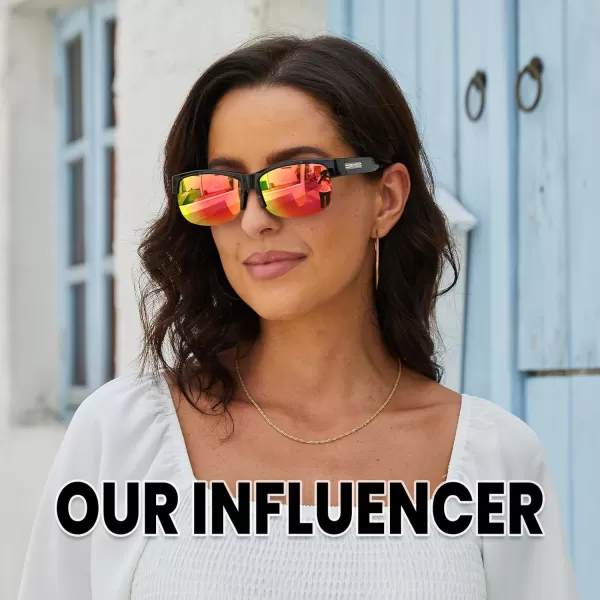 DUCO Fit Over Glasses Unisex Wraparound Glasses Fashion Rimless Wear Over Glasses Polarized Sunglasses for Men and Women 8960Matte Black Frame Revo Red Lens