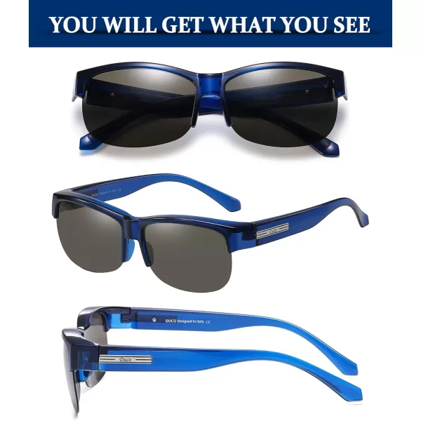 DUCO Fit Over Glasses Unisex Wraparound Glasses Fashion Rimless Wear Over Glasses Polarized Sunglasses for Men and Women 8960Transparent Blue Frame Grey Lens