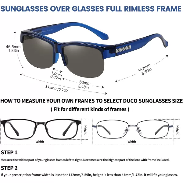 DUCO Fit Over Glasses Unisex Wraparound Glasses Fashion Rimless Wear Over Glasses Polarized Sunglasses for Men and Women 8960Transparent Blue Frame Grey Lens