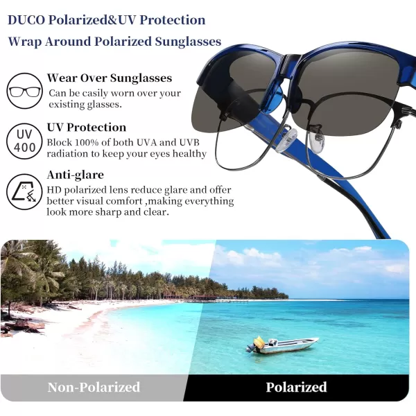 DUCO Fit Over Glasses Unisex Wraparound Glasses Fashion Rimless Wear Over Glasses Polarized Sunglasses for Men and Women 8960Transparent Blue Frame Grey Lens