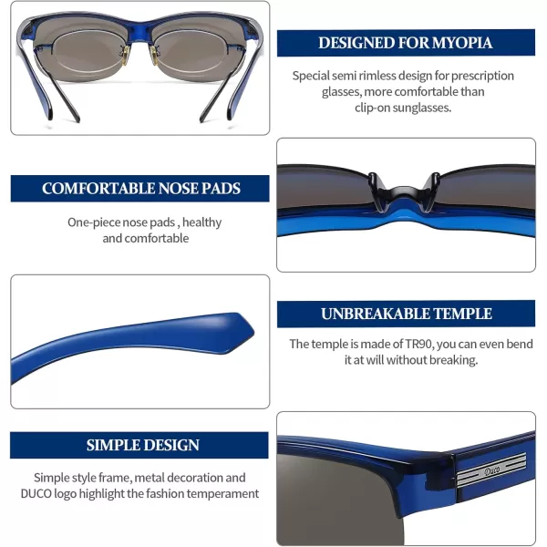 DUCO Fit Over Glasses Unisex Wraparound Glasses Fashion Rimless Wear Over Glasses Polarized Sunglasses for Men and Women 8960Transparent Blue Frame Grey Lens