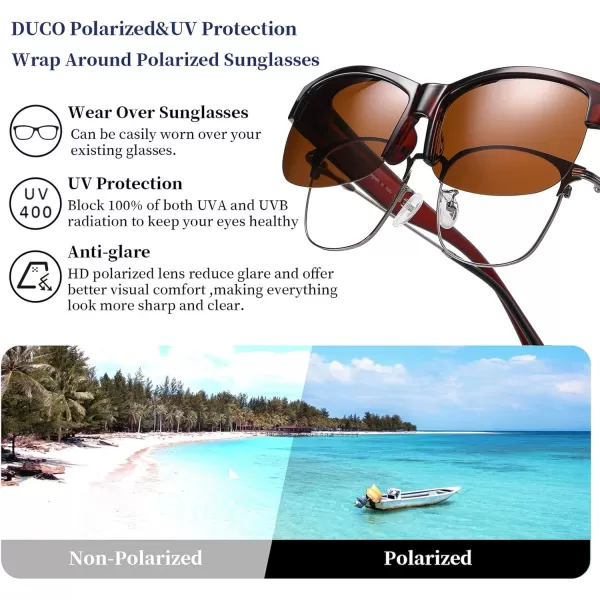 DUCO Fit Over Glasses Unisex Wraparound Glasses Fashion Rimless Wear Over Glasses Polarized Sunglasses for Men and Women 8960Transparent Brown Frame Brown Lens