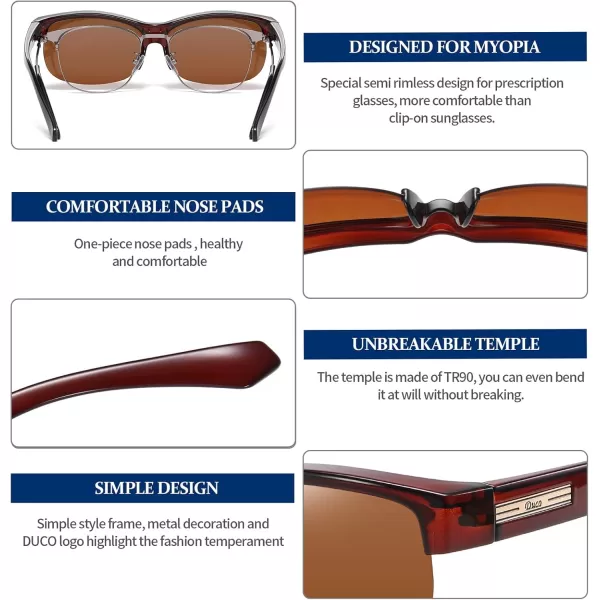 DUCO Fit Over Glasses Unisex Wraparound Glasses Fashion Rimless Wear Over Glasses Polarized Sunglasses for Men and Women 8960Transparent Brown Frame Brown Lens