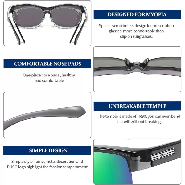 DUCO Fit Over Glasses Unisex Wraparound Glasses Fashion Rimless Wear Over Glasses Polarized Sunglasses for Men and Women 8960Transparent Grey Frame Revo Green Lens