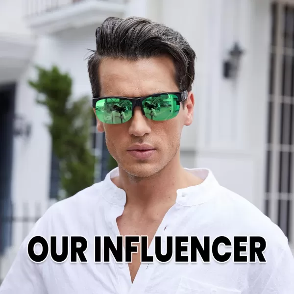DUCO Fit Over Glasses Unisex Wraparound Glasses Fashion Rimless Wear Over Glasses Polarized Sunglasses for Men and Women 8960Transparent Grey Frame Revo Green Lens