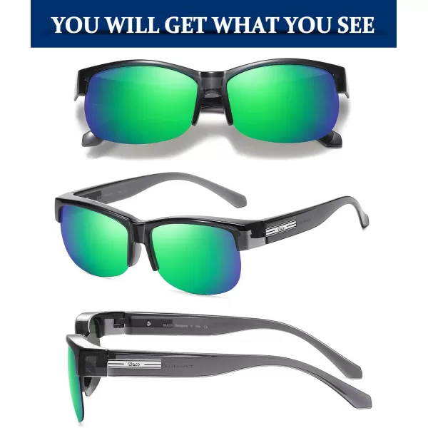 DUCO Fit Over Glasses Unisex Wraparound Glasses Fashion Rimless Wear Over Glasses Polarized Sunglasses for Men and Women 8960Transparent Grey Frame Revo Green Lens