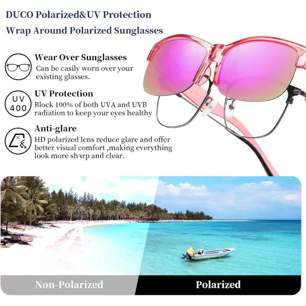 DUCO Fit Over Glasses Unisex Wraparound Glasses Fashion Rimless Wear Over Glasses Polarized Sunglasses for Men and Women 8960Transparent Pink Frame Revo Purple Lens