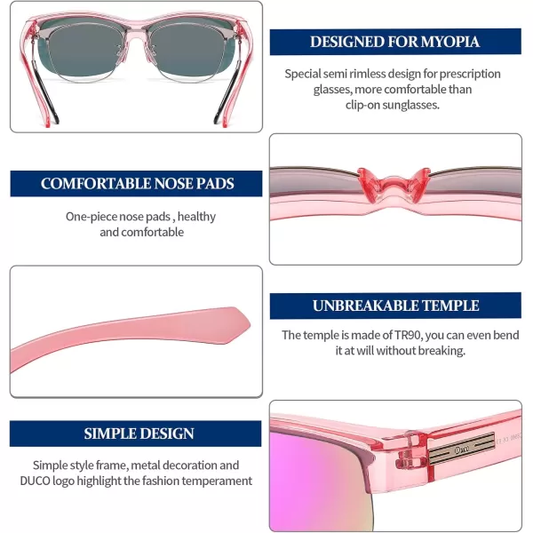 DUCO Fit Over Glasses Unisex Wraparound Glasses Fashion Rimless Wear Over Glasses Polarized Sunglasses for Men and Women 8960Transparent Pink Frame Revo Purple Lens