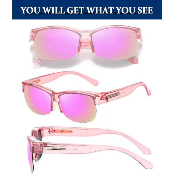 DUCO Fit Over Glasses Unisex Wraparound Glasses Fashion Rimless Wear Over Glasses Polarized Sunglasses for Men and Women 8960Transparent Pink Frame Revo Purple Lens