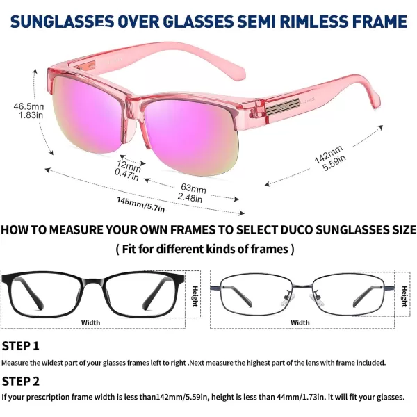 DUCO Fit Over Glasses Unisex Wraparound Glasses Fashion Rimless Wear Over Glasses Polarized Sunglasses for Men and Women 8960Transparent Pink Frame Revo Purple Lens