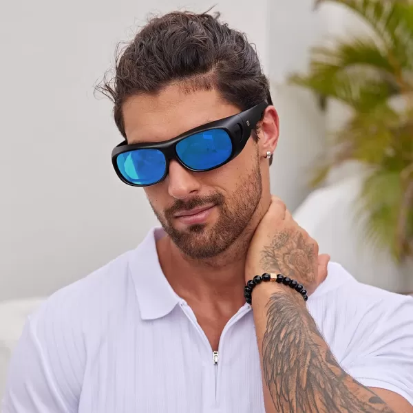 DUCO Fit Over Sunglasses Wraparound Sunglasses for Men Women Polarized Wear Over Sun Glasses UV Protection DC8965Black Frame Blue Lens