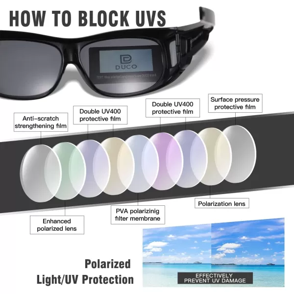 DUCO Fit Over Sunglasses Wraparound Sunglasses for Men Women Polarized Wear Over Sun Glasses UV Protection DC8965Black Frame Grey Lens