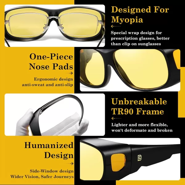 DUCO Fit Over Sunglasses Wraparound Sunglasses for Men Women Polarized Wear Over Sun Glasses UV Protection DC8965Black Frame Yellow Lens