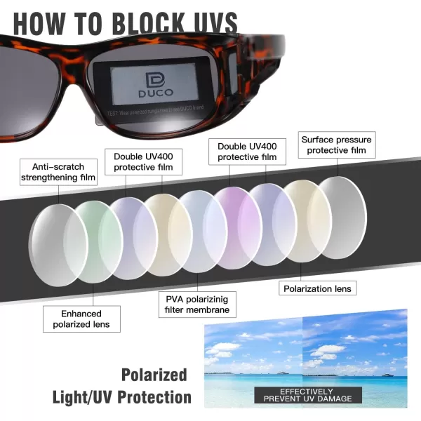 DUCO Fit Over Sunglasses Wraparound Sunglasses for Men Women Polarized Wear Over Sun Glasses UV Protection DC8965Brown Tortoiseshell Frame Grey Lens