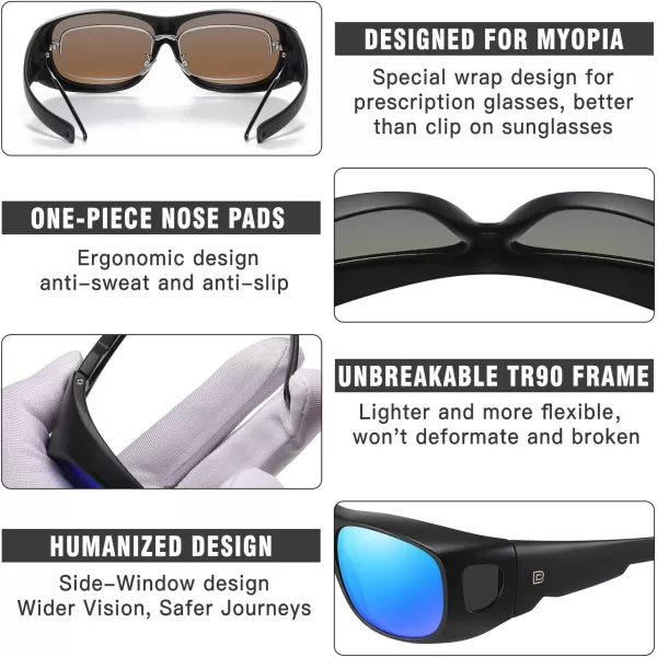 DUCO Fit Over Sunglasses Wraparound Sunglasses for Men Women Polarized Wear Over Sun Glasses UV Protection DC8965Matte Black Frame Blue Lens