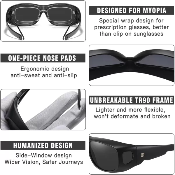 DUCO Fit Over Sunglasses Wraparound Sunglasses for Men Women Polarized Wear Over Sun Glasses UV Protection DC8965Matte Black Frame Grey Lens
