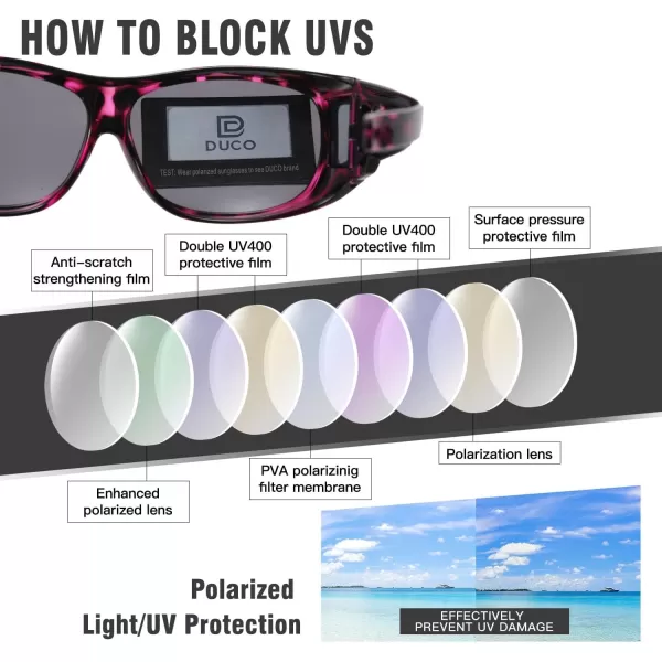 DUCO Fit Over Sunglasses Wraparound Sunglasses for Men Women Polarized Wear Over Sun Glasses UV Protection DC8965Purple Tortoiseshell Frame Grey Lens