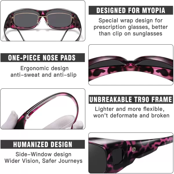 DUCO Fit Over Sunglasses Wraparound Sunglasses for Men Women Polarized Wear Over Sun Glasses UV Protection DC8965Purple Tortoiseshell Frame Grey Lens