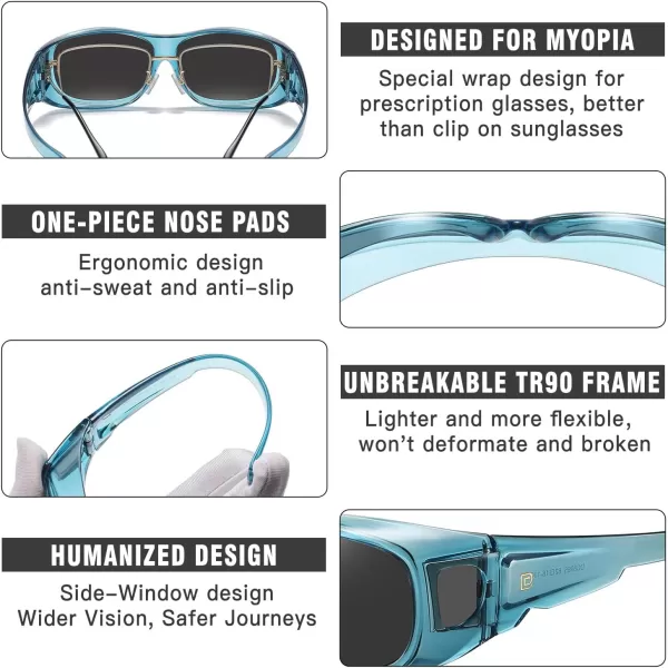 DUCO Fit Over Sunglasses Wraparound Sunglasses for Men Women Polarized Wear Over Sun Glasses UV Protection DC8965Transparent Blue Frame Grey Lens