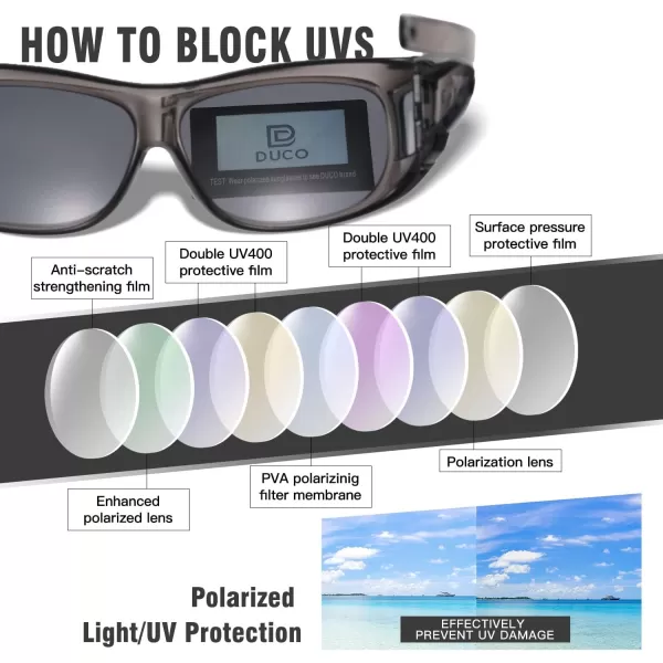 DUCO Fit Over Sunglasses Wraparound Sunglasses for Men Women Polarized Wear Over Sun Glasses UV Protection DC8965Transparent Grey Frame Grey Lens