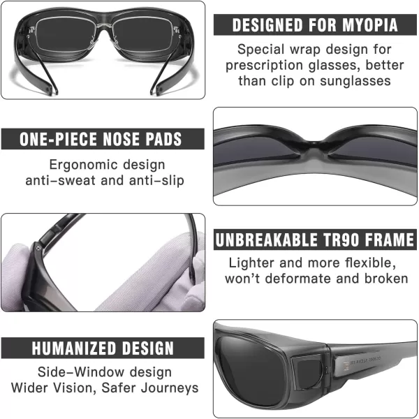 DUCO Fit Over Sunglasses Wraparound Sunglasses for Men Women Polarized Wear Over Sun Glasses UV Protection DC8965Transparent Grey Frame Grey Lens