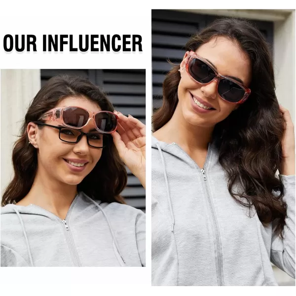 DUCO Fit Over Sunglasses Wraparound Sunglasses for Men Women Polarized Wear Over Sun Glasses UV Protection DC8965Transparent Pink Frame Grey Lens