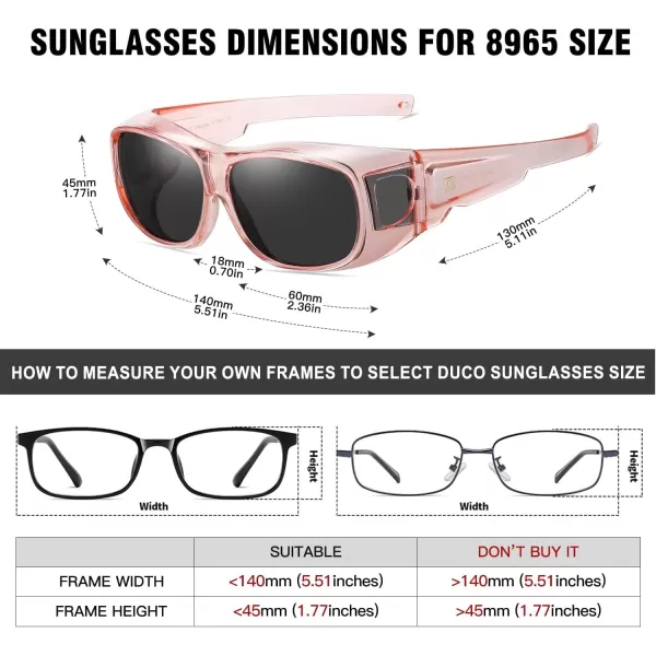 DUCO Fit Over Sunglasses Wraparound Sunglasses for Men Women Polarized Wear Over Sun Glasses UV Protection DC8965Transparent Pink Frame Grey Lens