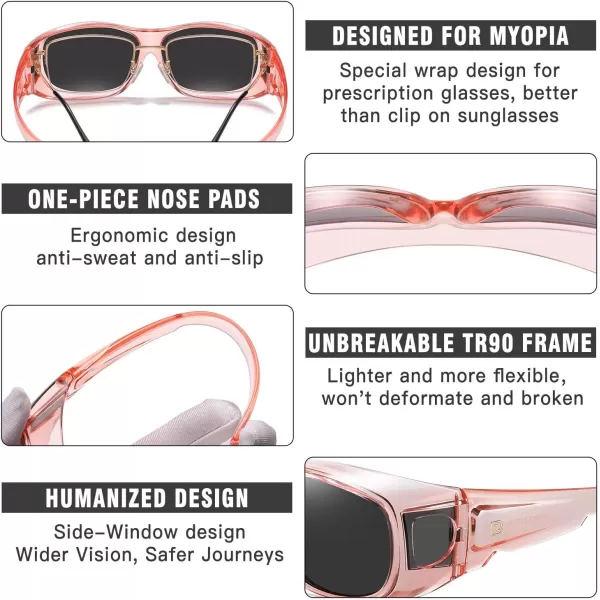 DUCO Fit Over Sunglasses Wraparound Sunglasses for Men Women Polarized Wear Over Sun Glasses UV Protection DC8965Transparent Pink Frame Grey Lens