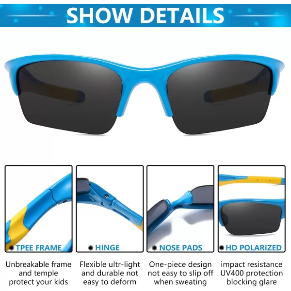 DUCO Kids Sunglasses Boys Sports Sunglasses Youth Polarized Baseball Sunglasses for Boys and Girls Age 68 K014Blue Frame Yellow Temple