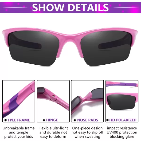 DUCO Kids Sunglasses Boys Sports Sunglasses Youth Polarized Baseball Sunglasses for Boys and Girls Age 68 K014Pink Frame Purple Temple