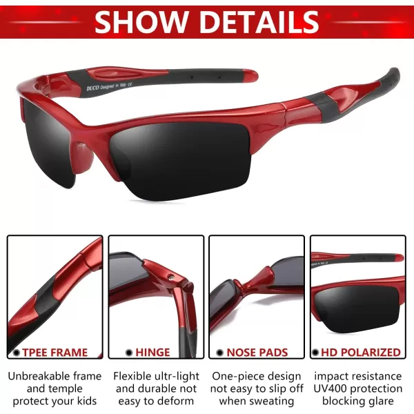 DUCO Kids Sunglasses Boys Sports Sunglasses Youth Polarized Baseball Sunglasses for Boys and Girls Age 68 K014Red
